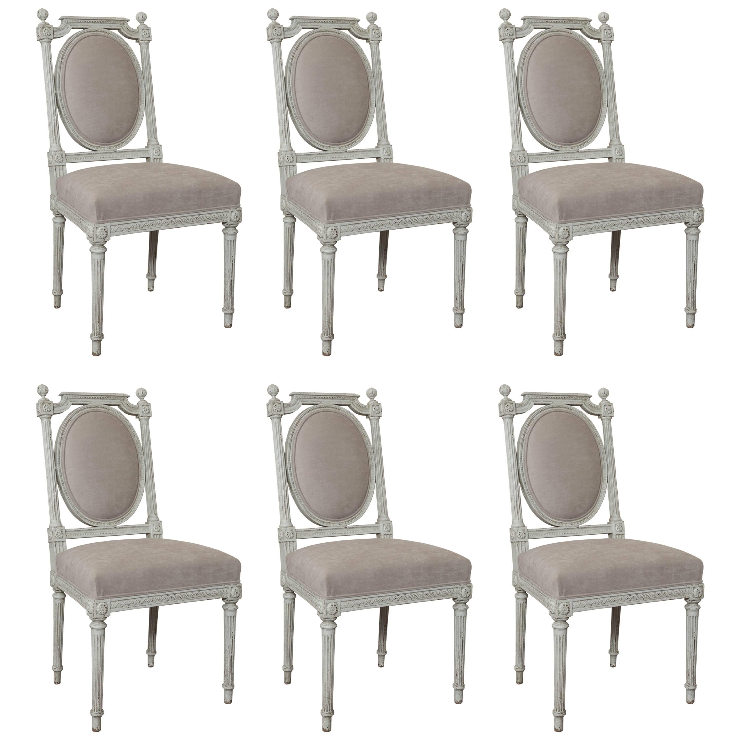 Set of Six Antique White Painted Louis XVI / Neoclassical Style Dining Chairs