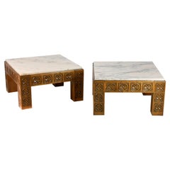 Set of 2 Midcentury Carved Wood and Marble Square Coffee Table from Spain