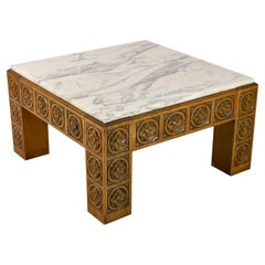 Midcentury Carved Wood and Marble Square Coffee Table from Spain