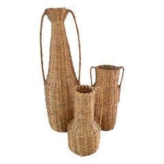 Used 1980s Boho Wicker Basket Vases, Set of 3