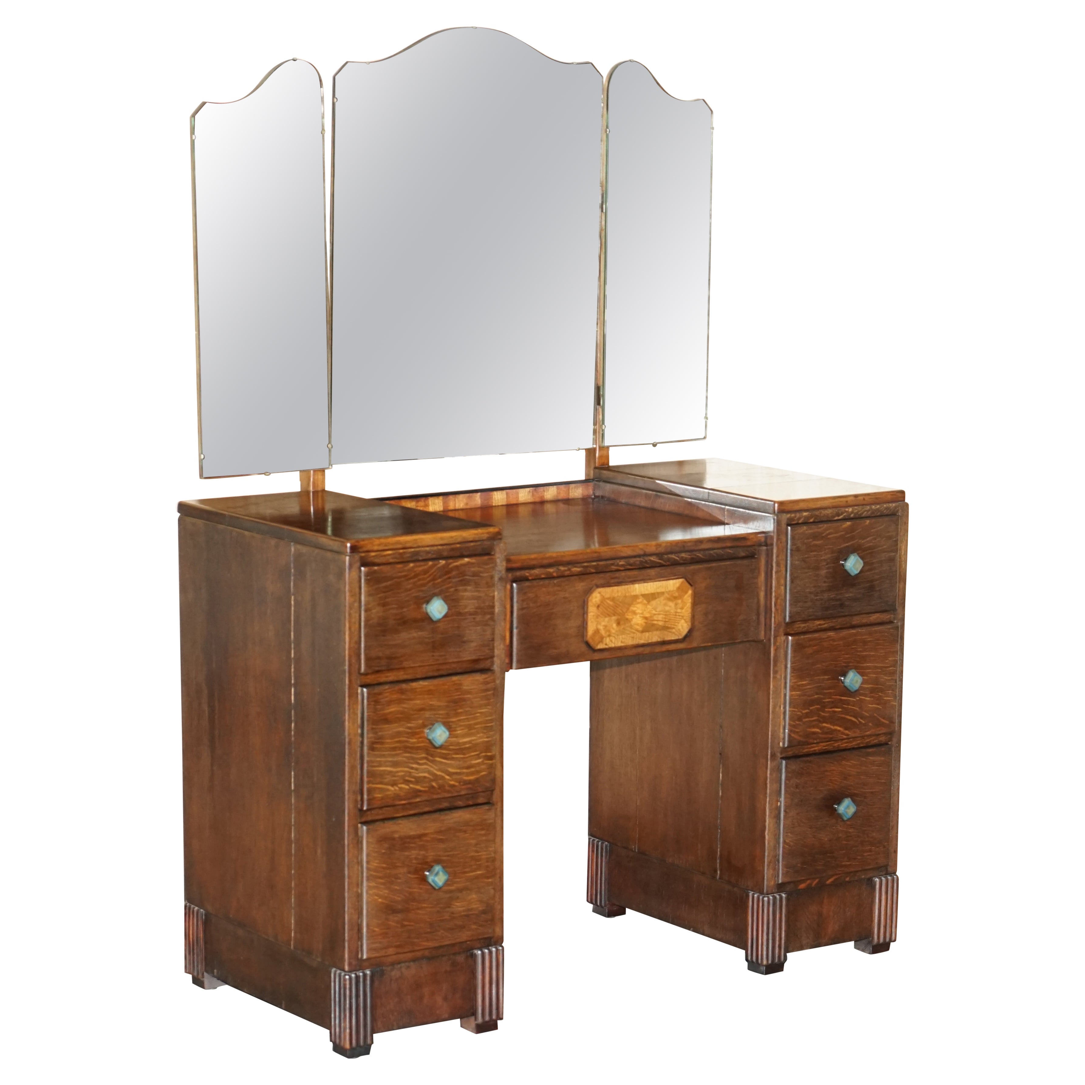 Stunning Vintage Art Deco circa 1930s Oak & Burr Walnut Dressing Table + Mirror For Sale