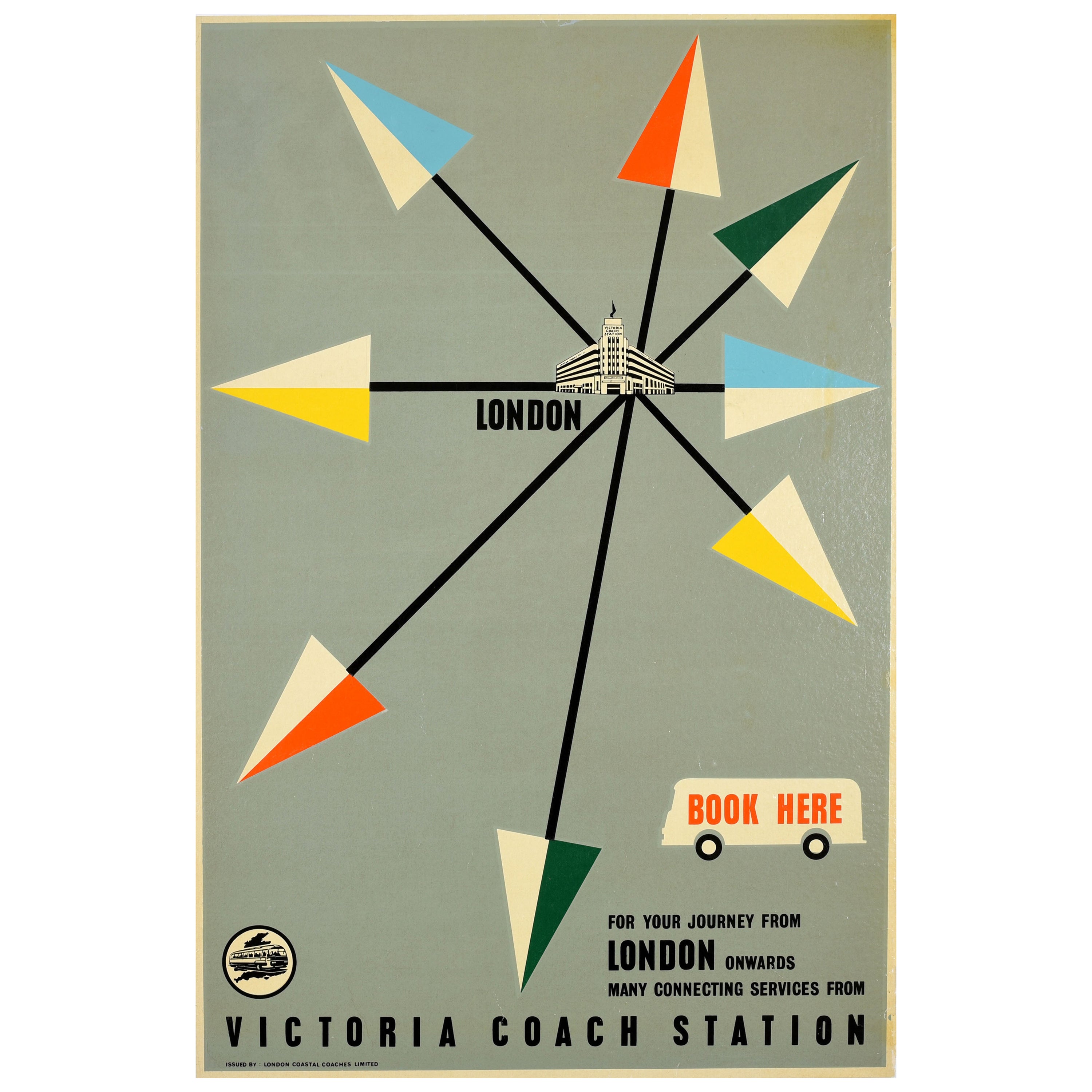 Affiche de voyage vintage d'origine du milieu du siècle dernier, London Victoria Coach Station, Art Deco en vente