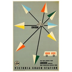 Original Vintage-Reiseplakat, Mid-Century, London, Victoria Coach Station, Art déco