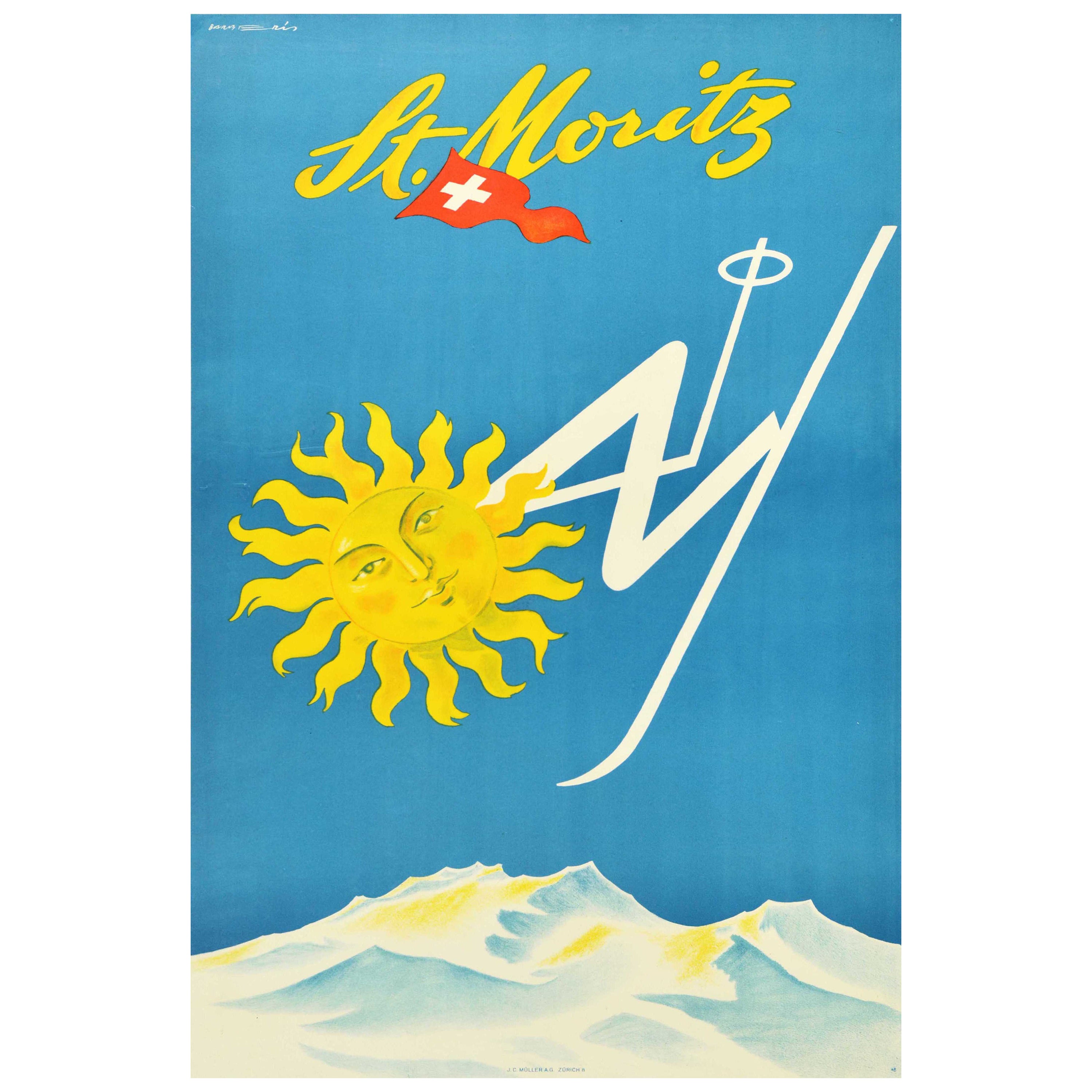 Original Vintage Poster St Moritz Switzerland Skiing Sun Mountains Swiss Flag For Sale