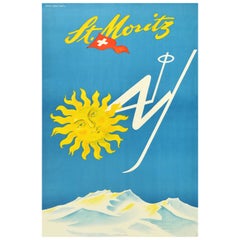 Original Vintage Poster St Moritz Switzerland Skiing Sun Mountains Swiss Flag