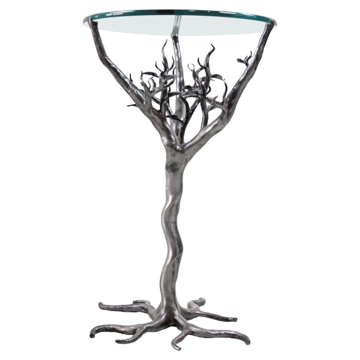 Signed Hand Forged Iron Sculptural Tree Branch Glass Top Table For Sale