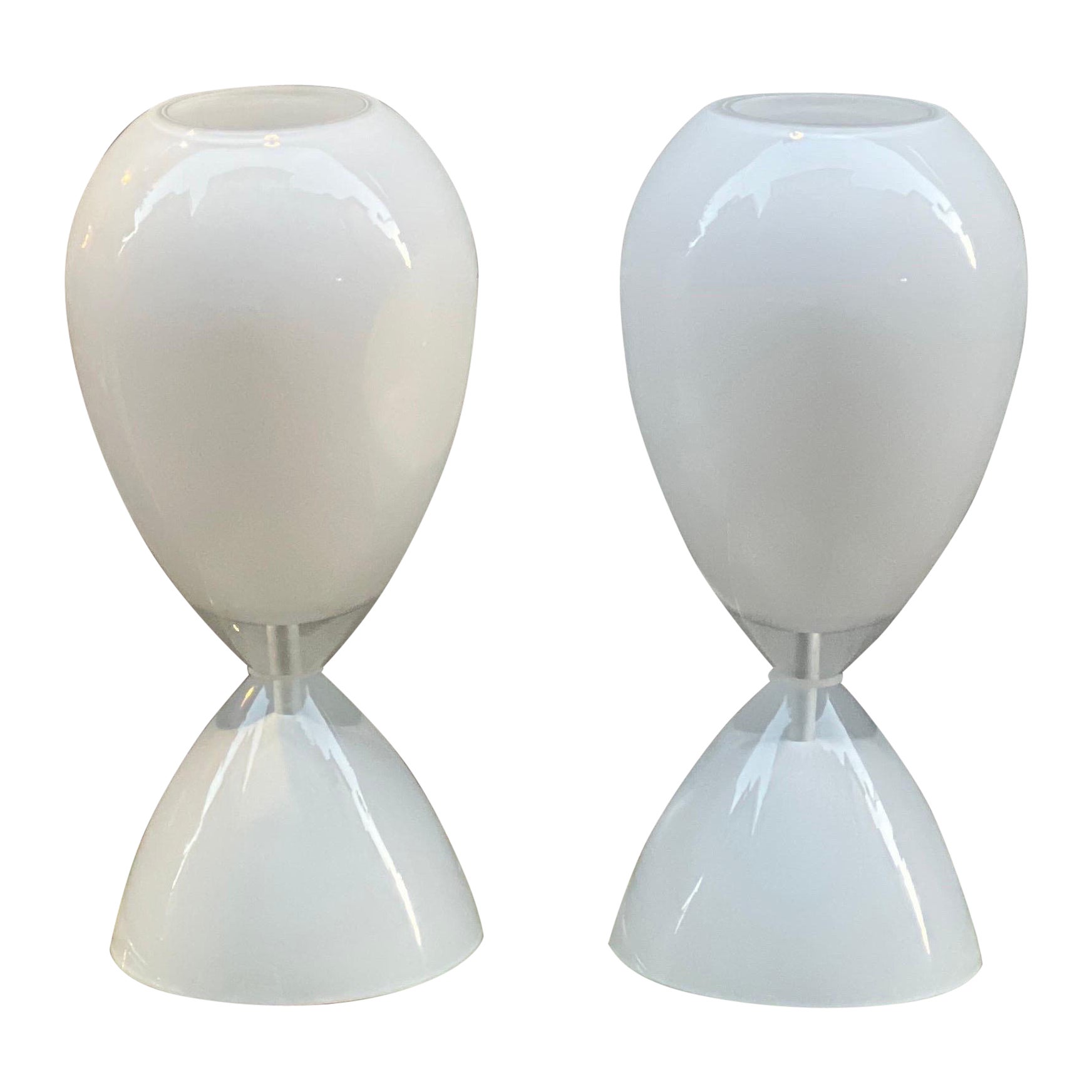 Pair of White Murano Glass Hourglass Table Lamps, 1950s