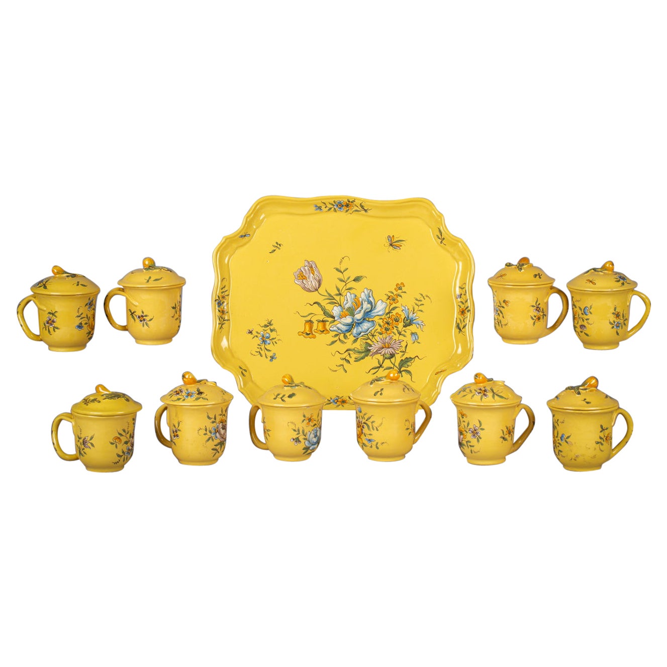 French Faience Yellow Ground Pot-de-creme Set with Platter, circa 1890 For Sale