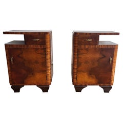 Pair of Italian Art Deco Night Stands Bed Side Tables in Burl Walnut