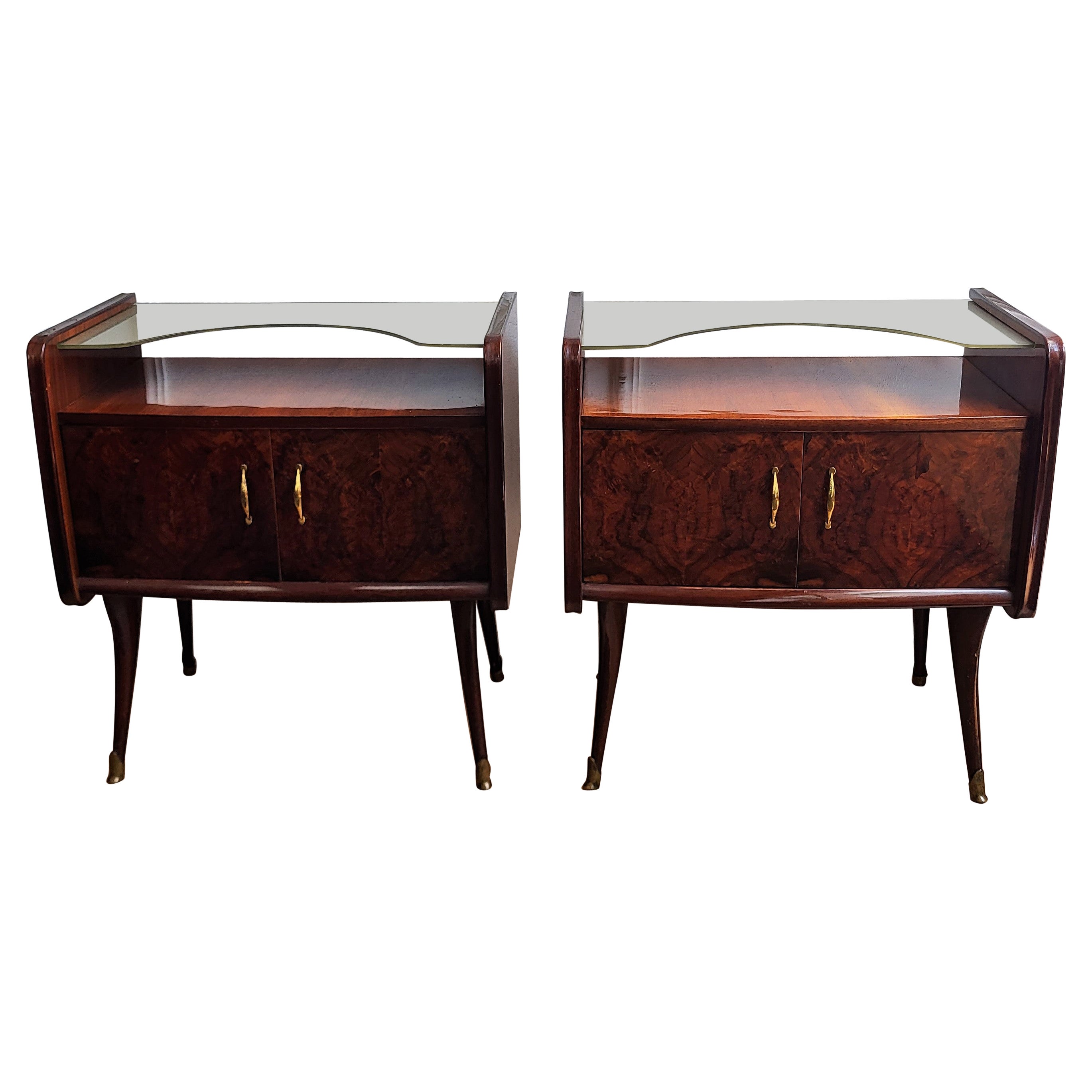 Italian Midcentury Art Deco Night Stands Bedside Tables Wood Brass & Glass For Sale