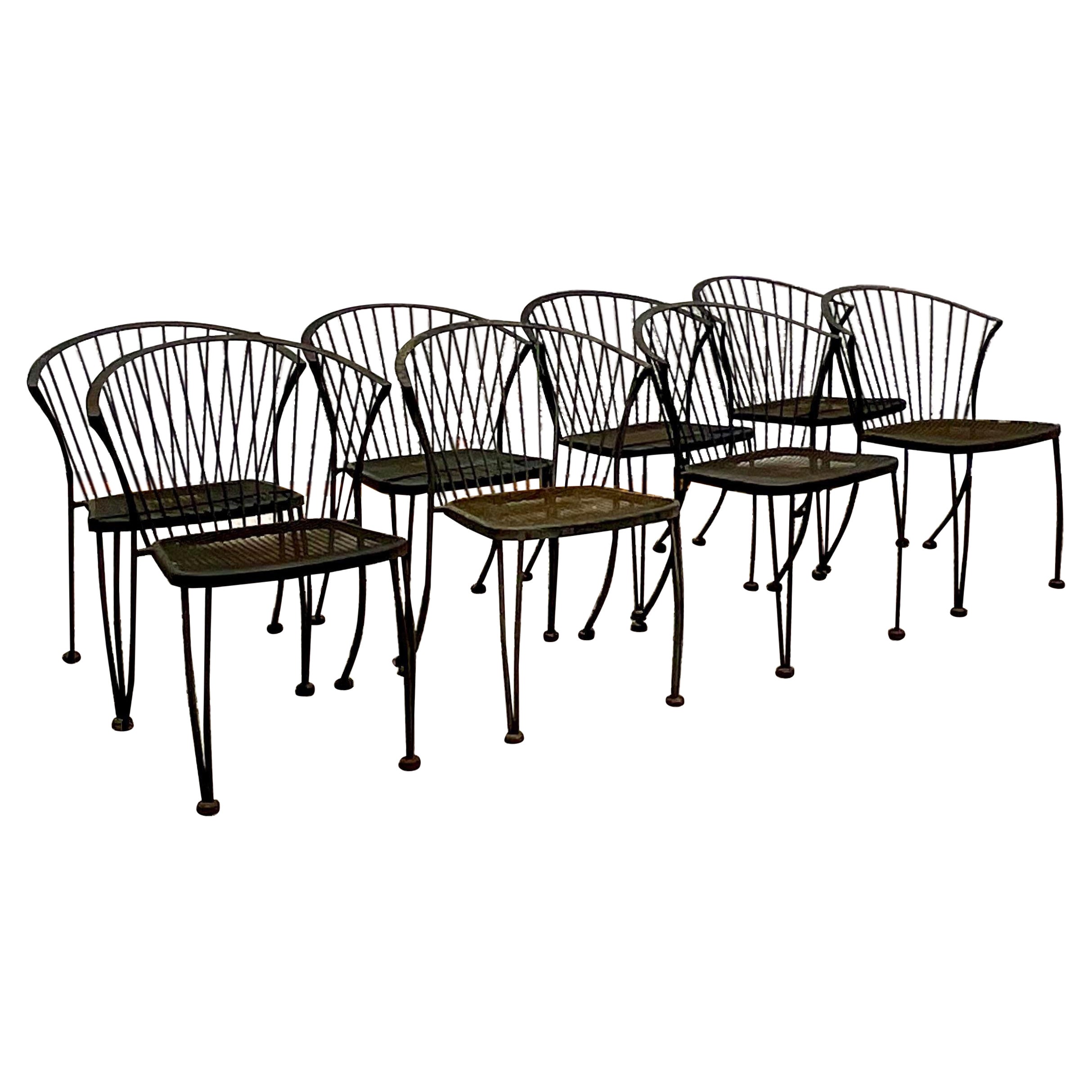 Vintage Coastal Wrought Iron Dining Chairs After Russell Woodard - Set of 8