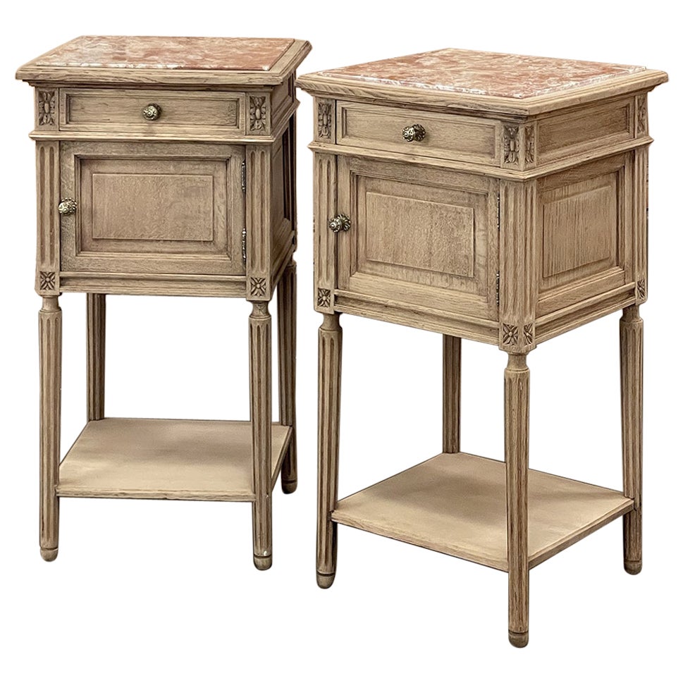 Pair Antique French Louis XVI Marble Top Nightstands in Stripped Oak