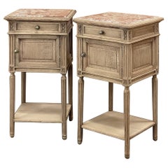 Pair Antique French Louis XVI Marble Top Nightstands in Stripped Oak