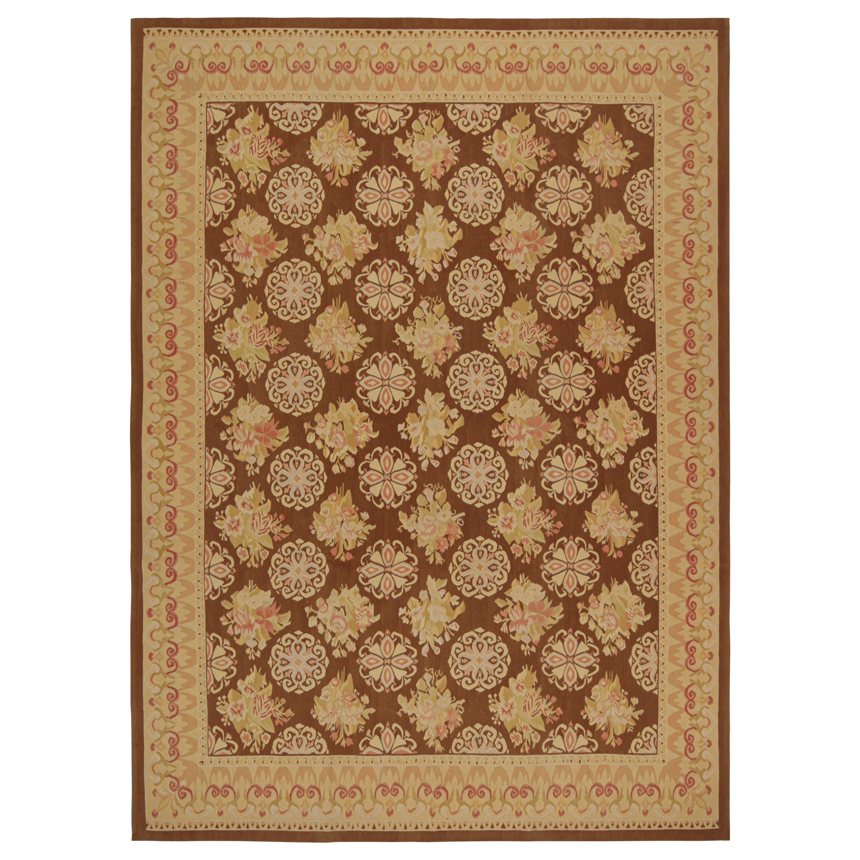 Rug & Kilim’s Aubusson Flatweave Style Rug in Brown with Beige Floral Patterns For Sale