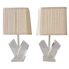 Vintage Pair of Post Modern Lucite Twin Column Lamps