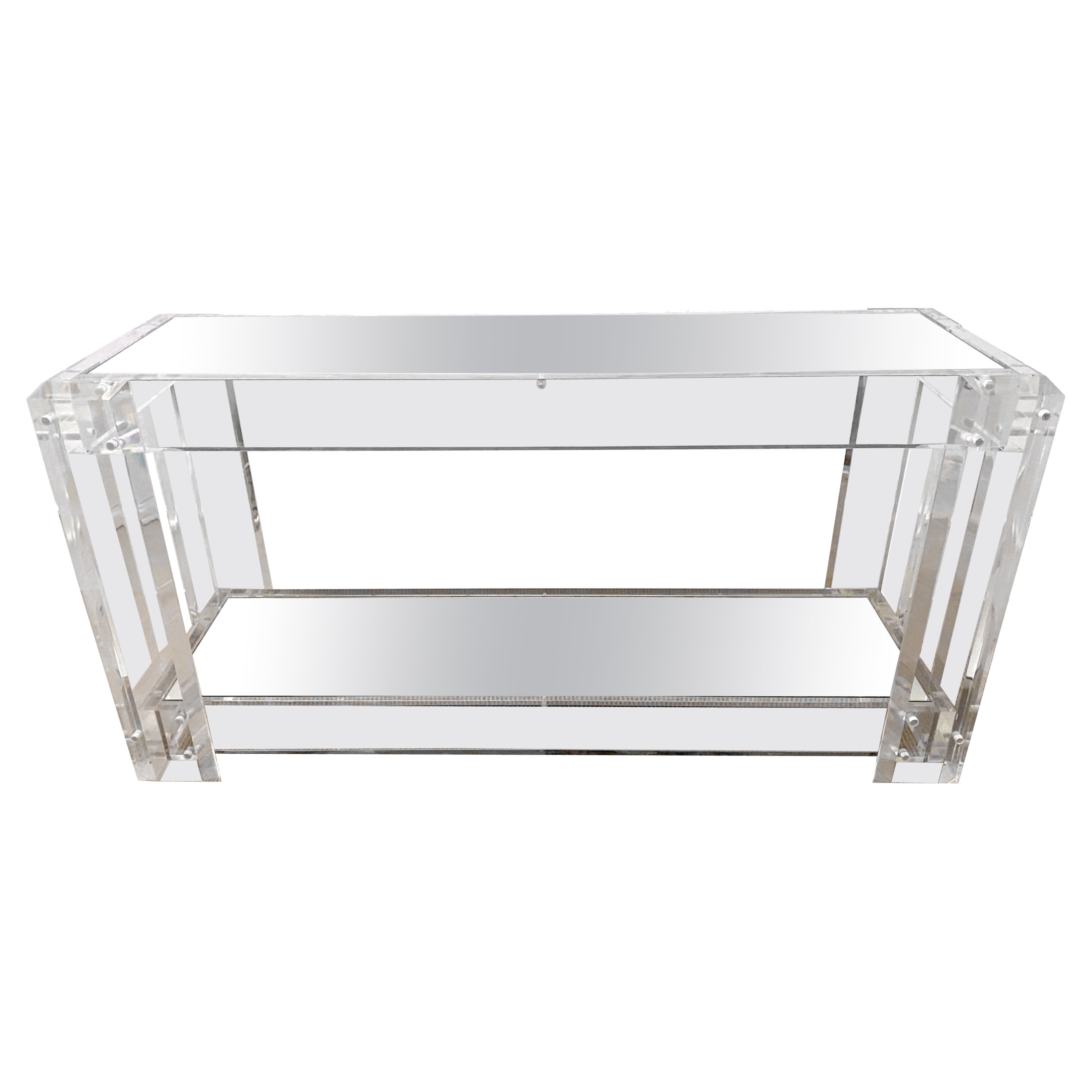 Modern Lucite Chrome Mounted Two-Tier Mirrored Console Table For Sale