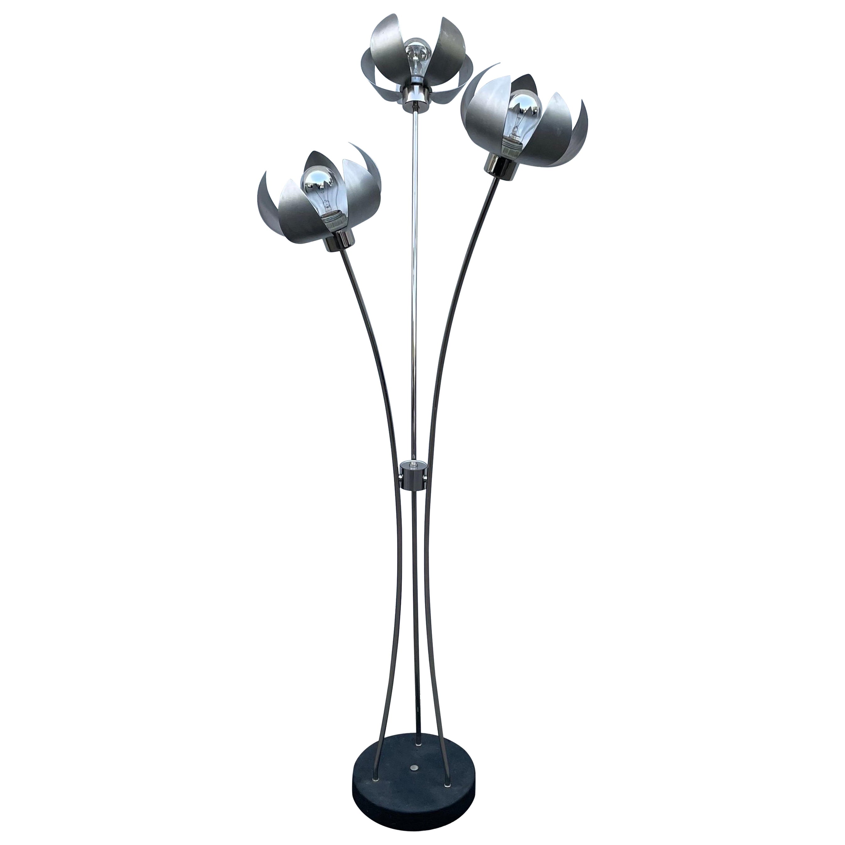Mid Century Chrome and Aluminum Floor Lamp, Tulip Shaped Shades, France