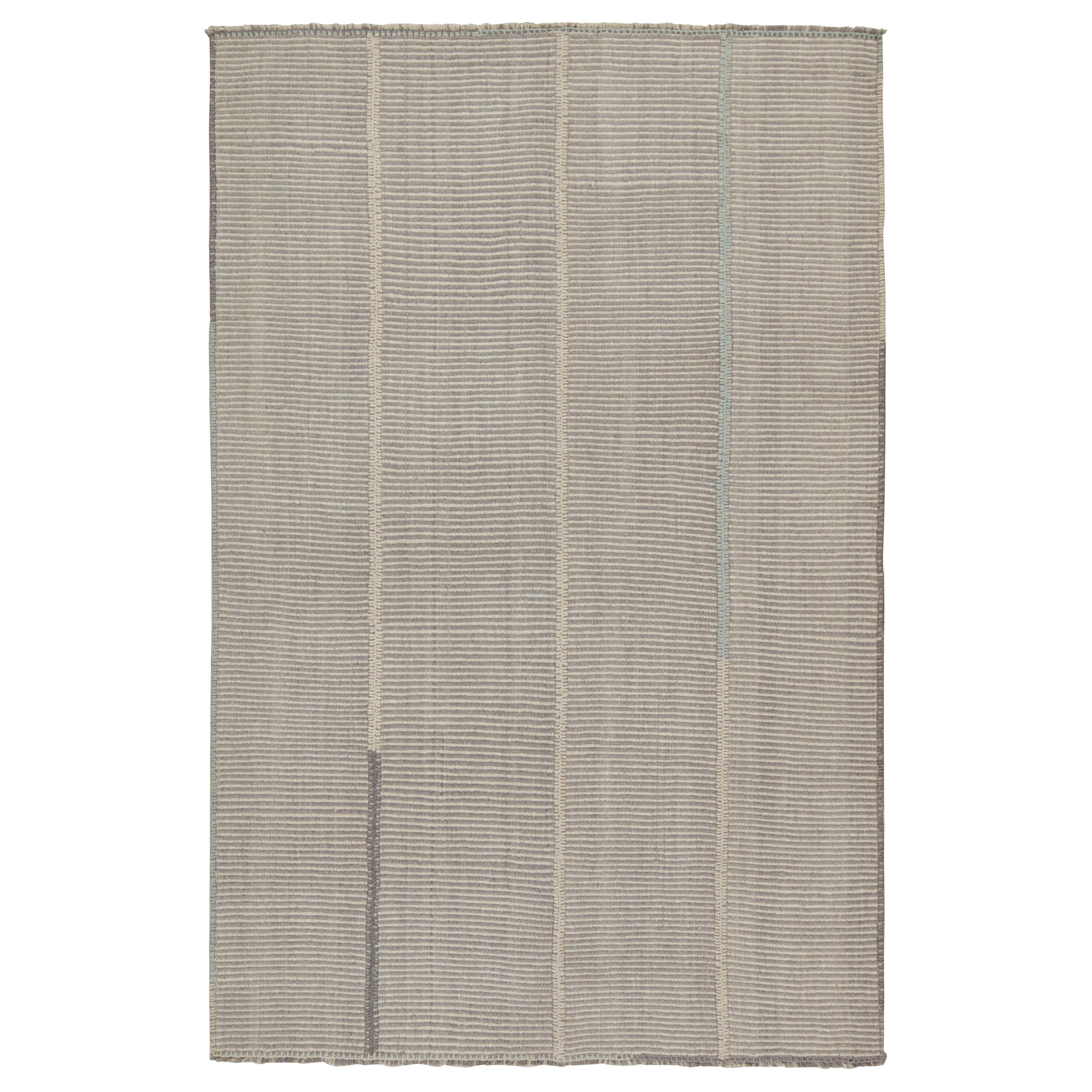 Rug & Kilim’s Contemporary Kilim in Gray with Blue and Beige Stripes For Sale