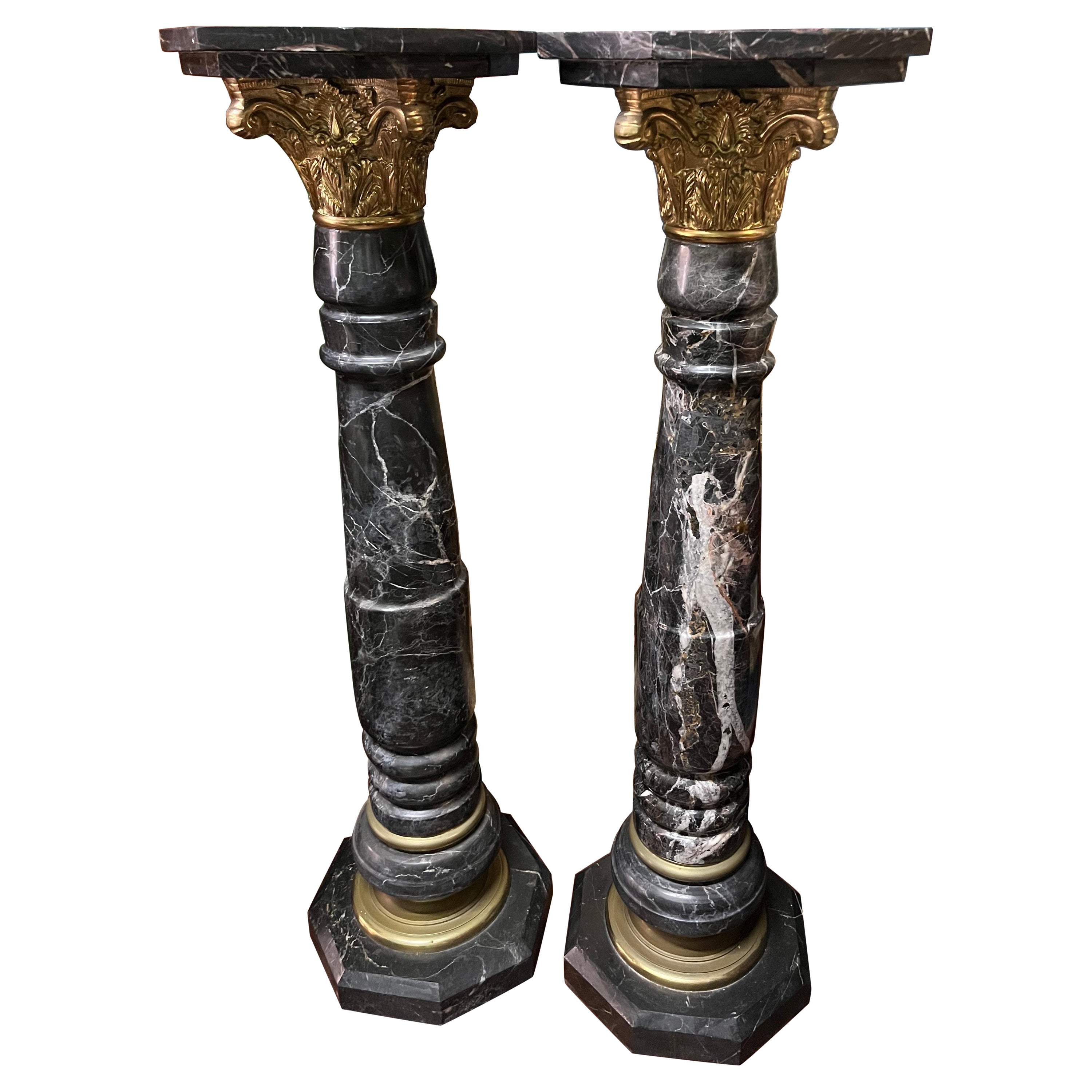 Pair of Columns in Precious Black Marble and Brass from the 1900s For Sale