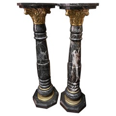 Pair of Columns in Precious Black Marble and Brass from the 1900s