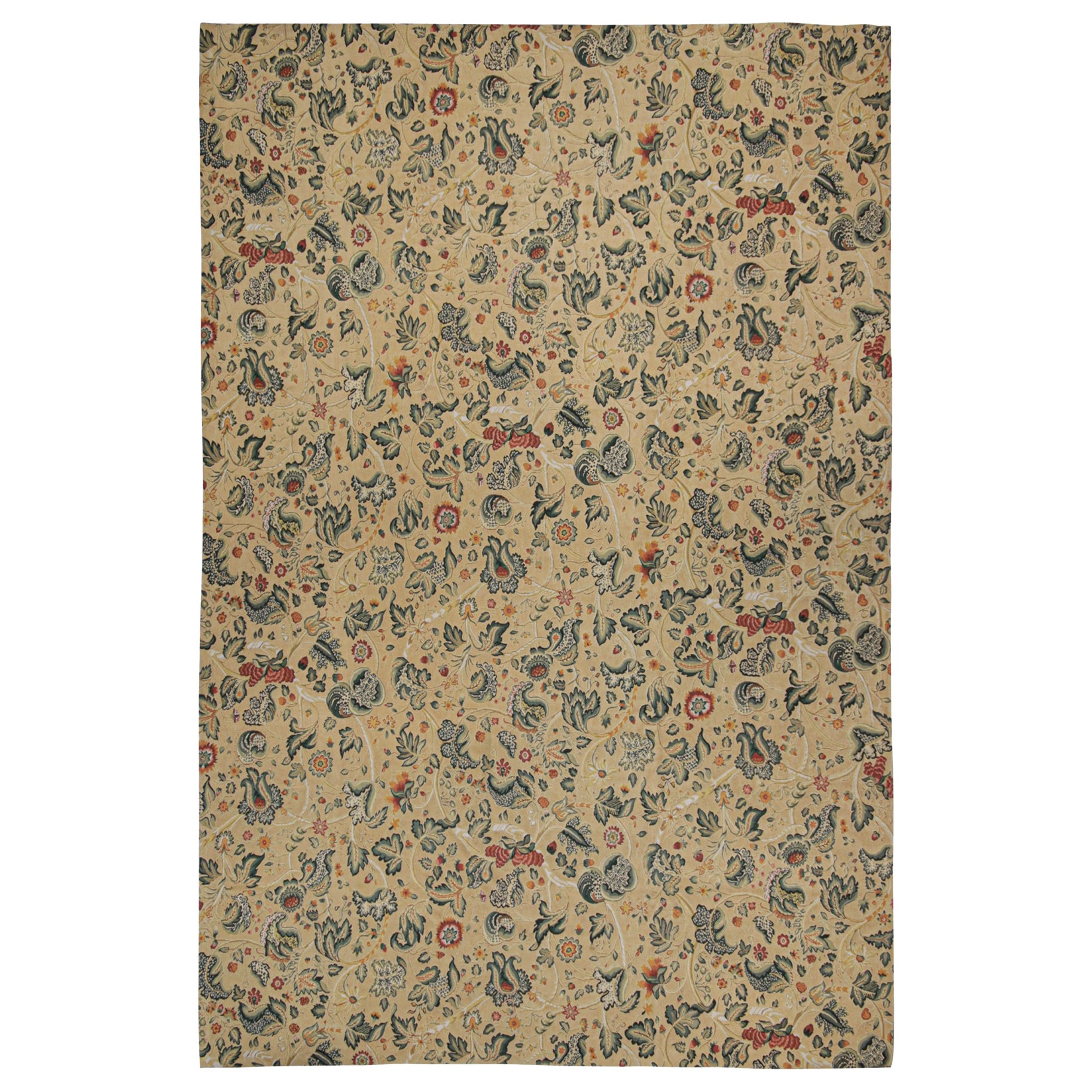 Rug & Kilim’s European Tudor Style Flatweave in Beige with Teal Floral Pattern For Sale