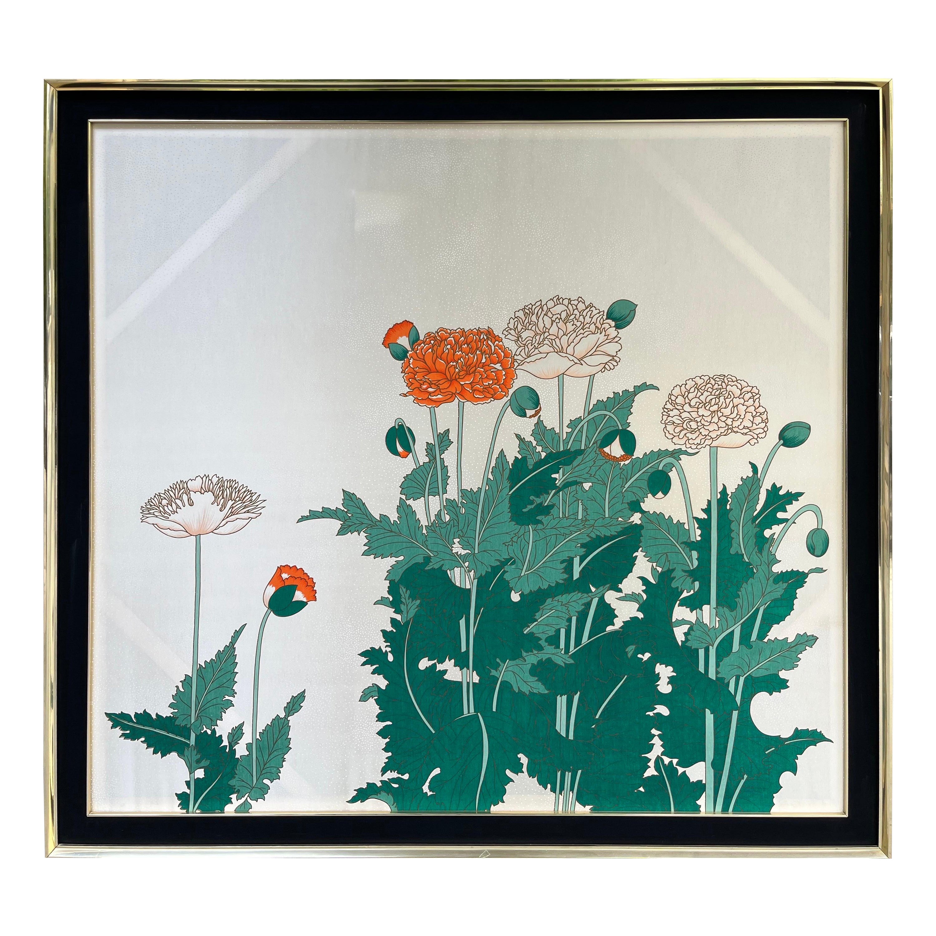 Print on Silk with Brass Frame Top Vintage 1970s For Sale