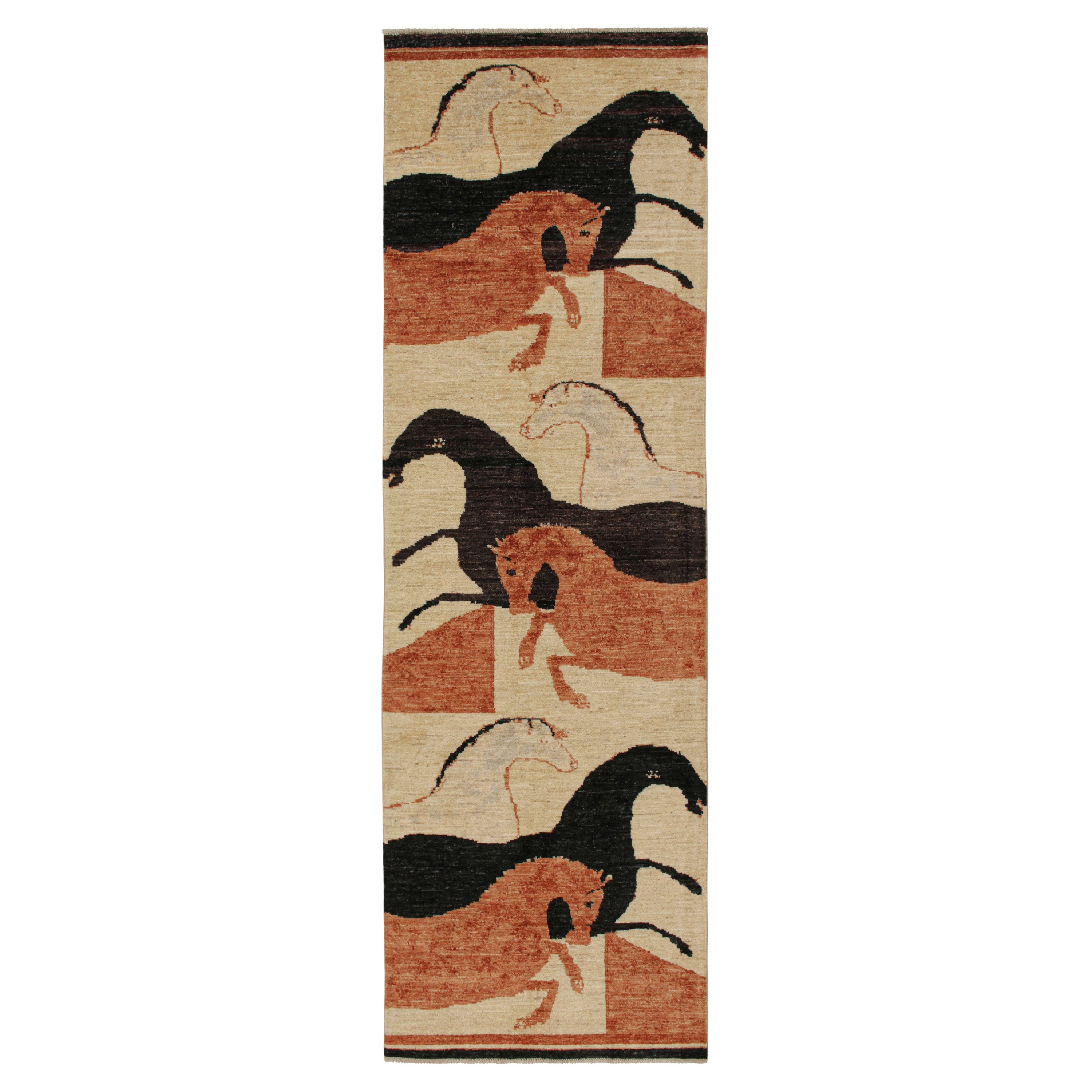 Rug & Kilim’s Persian Style Runner in Beige with Pink and Black Horse Pictorials For Sale