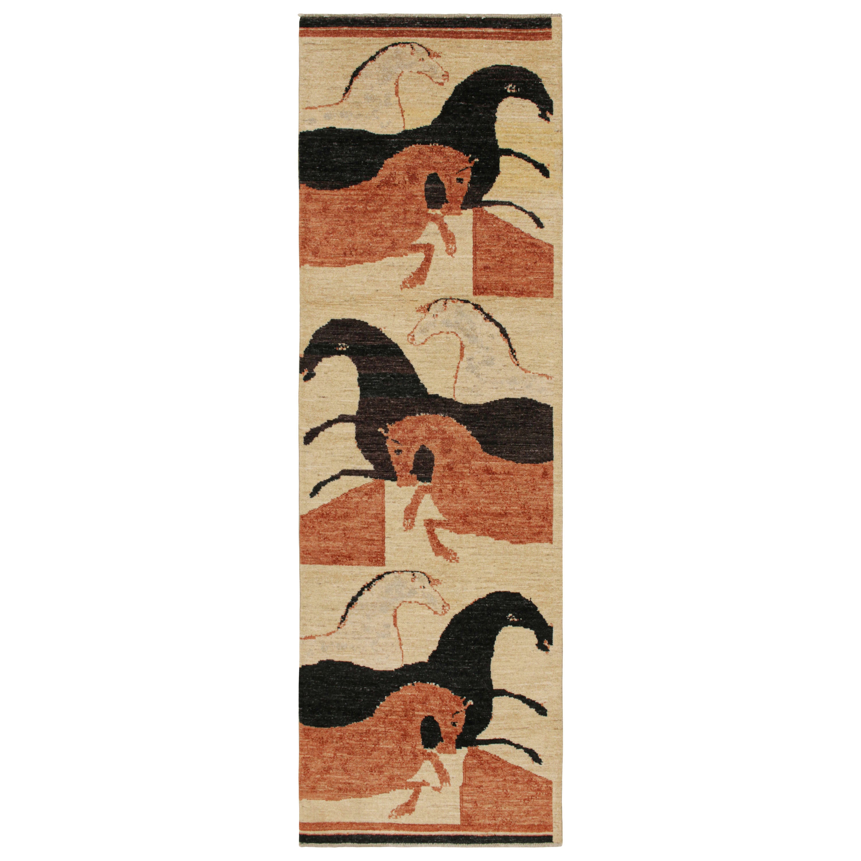 Rug and Kilim’s Persian Style Runner in Beige with Pink and Black Horse