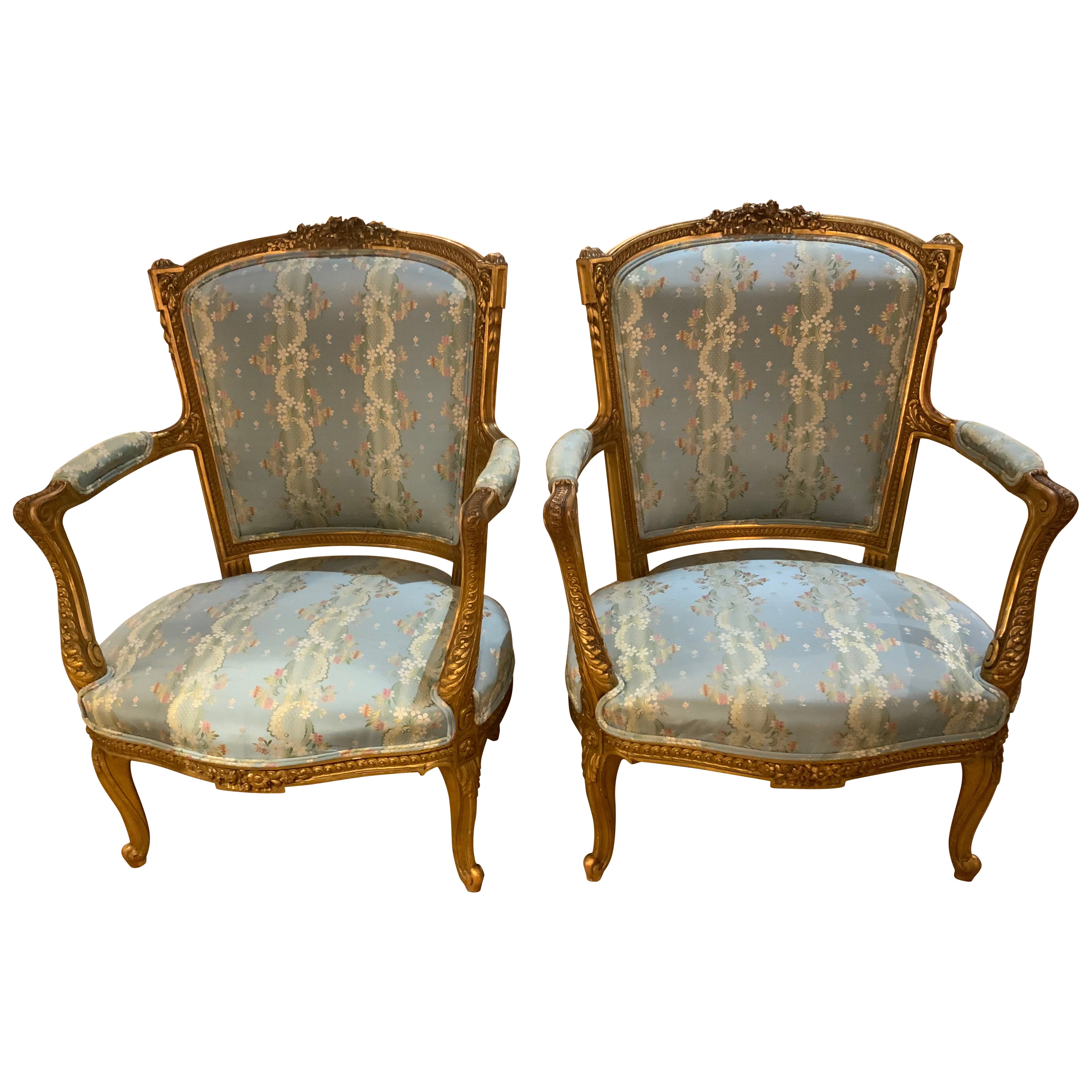 Pair of French Louis XV Style Giltwood Arm Chairs/Fauteuils For Sale