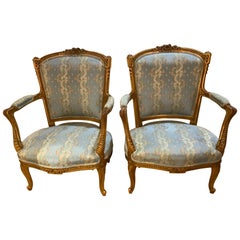 Antique Pair of French Louis XV Style Giltwood Arm Chairs/Fauteuils
