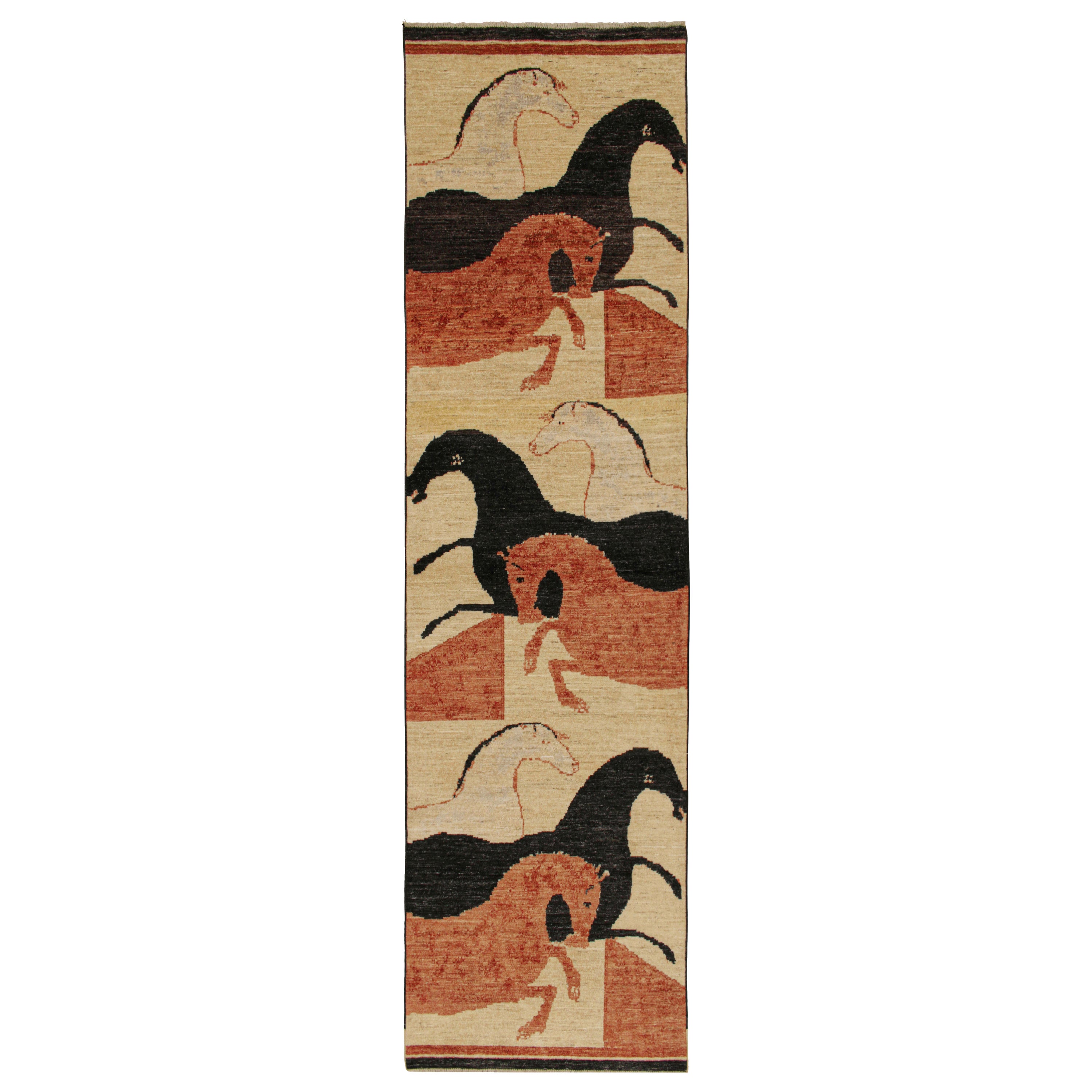 Rug & Kilim’s Persian Style Runner in Beige with Pink and Black Horse Pictorials