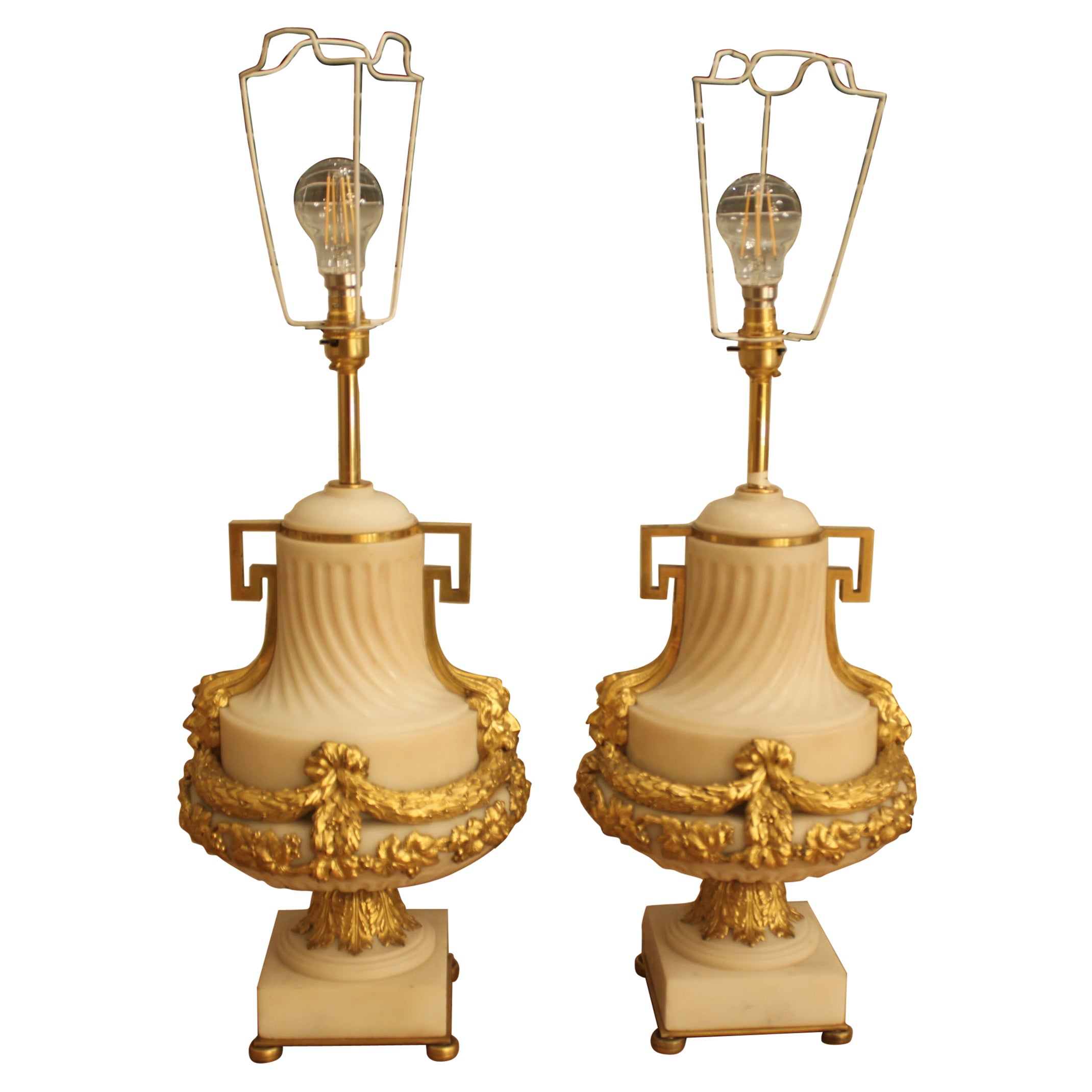 Beautiful Pair of White Marble Table Lamps with Bronze Garlands