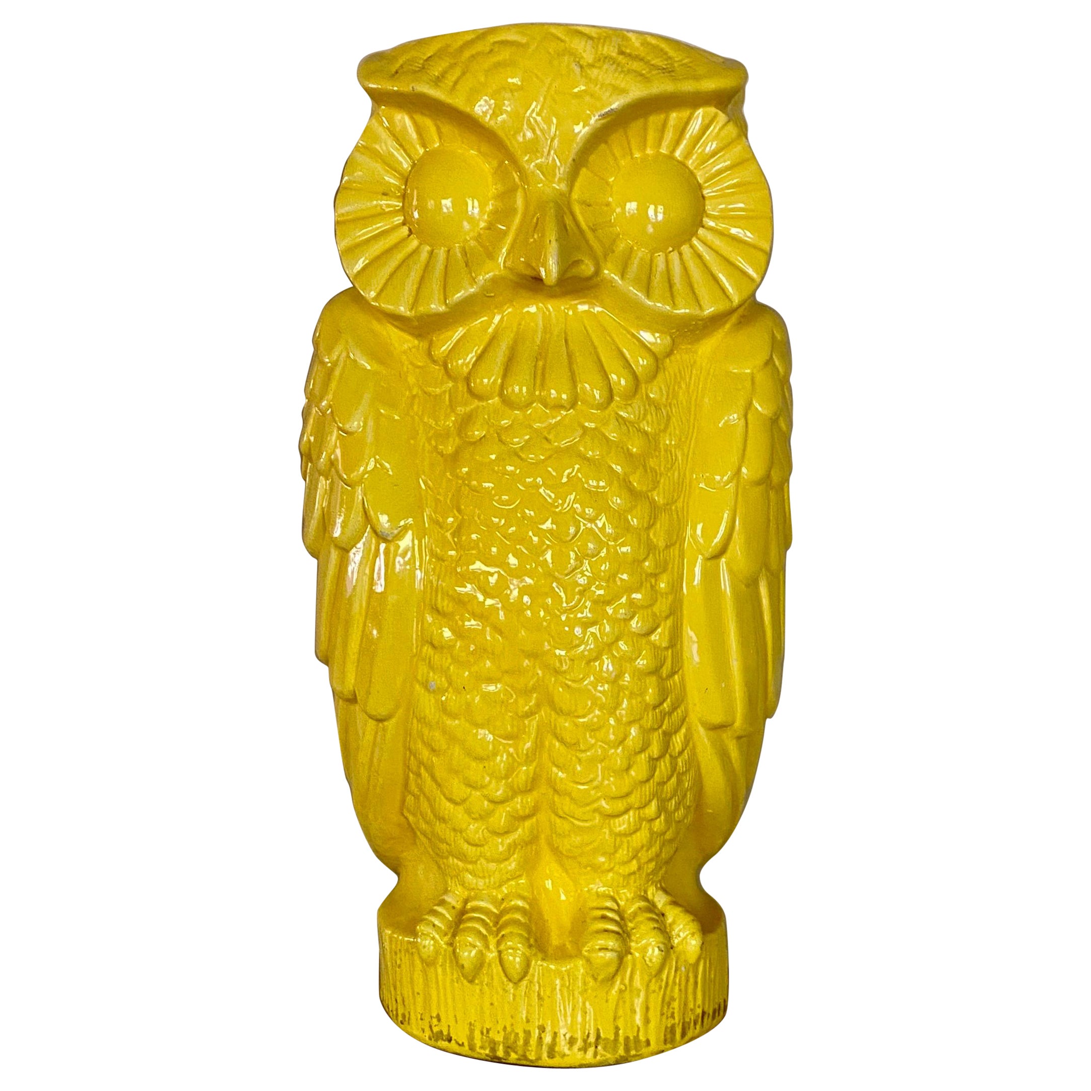 Large Midcentury Yellow Ceramic Pottery Owl Vase or Umbrella Holder For Sale