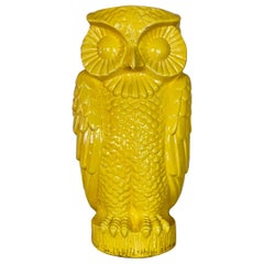 Antique Large Midcentury Yellow Ceramic Pottery Owl Vase or Umbrella Holder