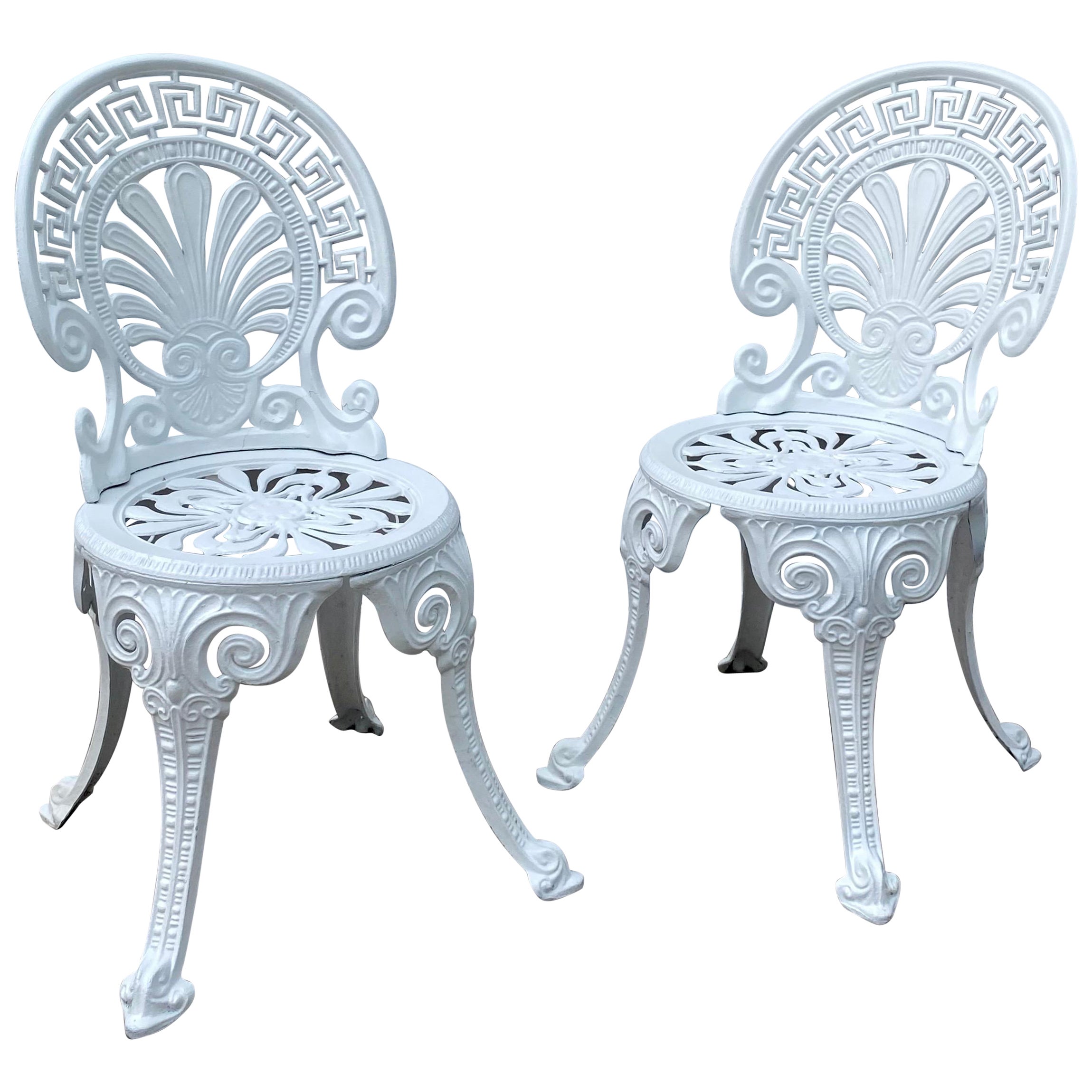 Greek Key Victorian Style White Aluminum Garden Chairs, Pair For Sale