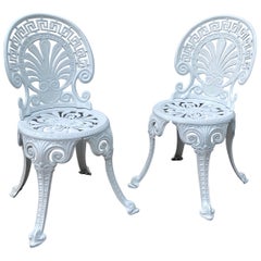 Greek Key Victorian Style White Aluminum Garden Chairs, Pair