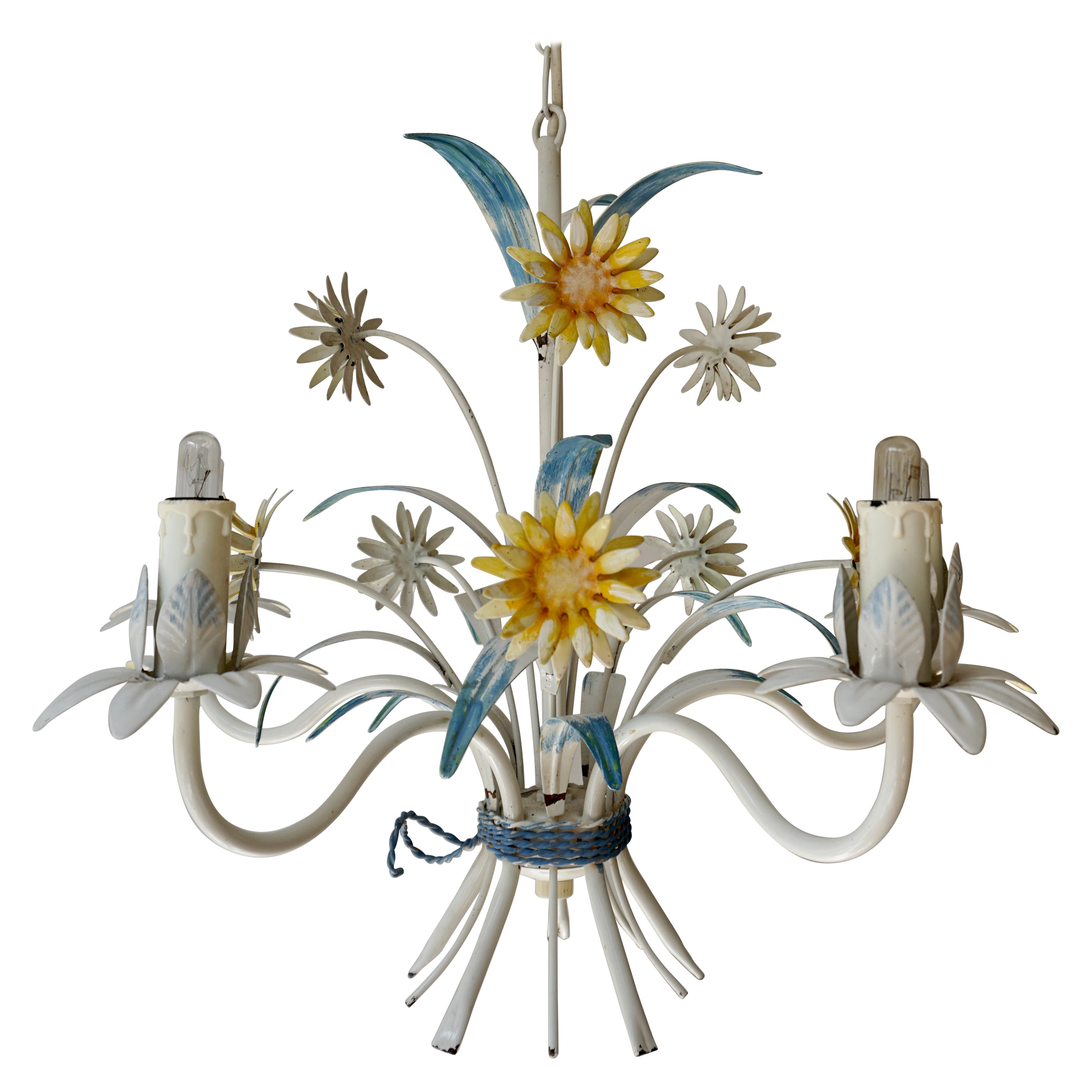Mid-Century Painted Tôle 5-Arm Light Fixture with Yellow Flowers For Sale