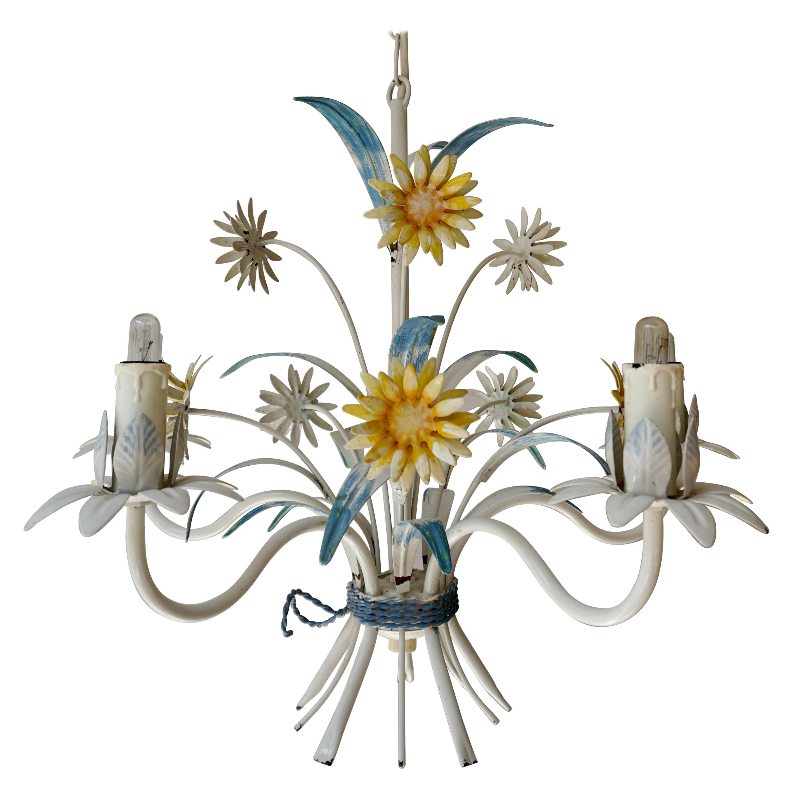 Luminaire à 5 bras Tôle peinte du milieu du siècle avec fleurs jaunes en vente
