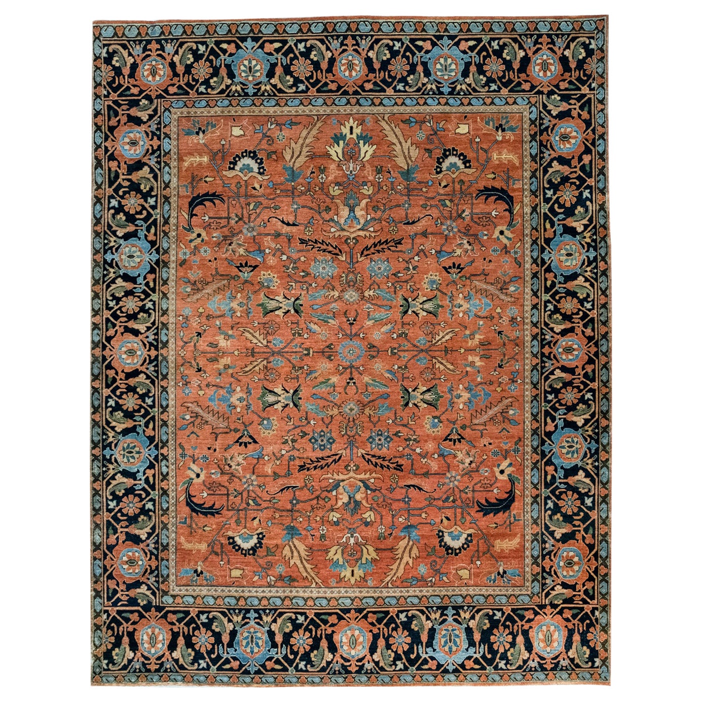 Classic Persian Serapi Carpet in Orange, Indigo, and Blue