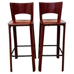 Brazilian Midcentury De Couro Deep Red Leather Bar Stools, Set of Two