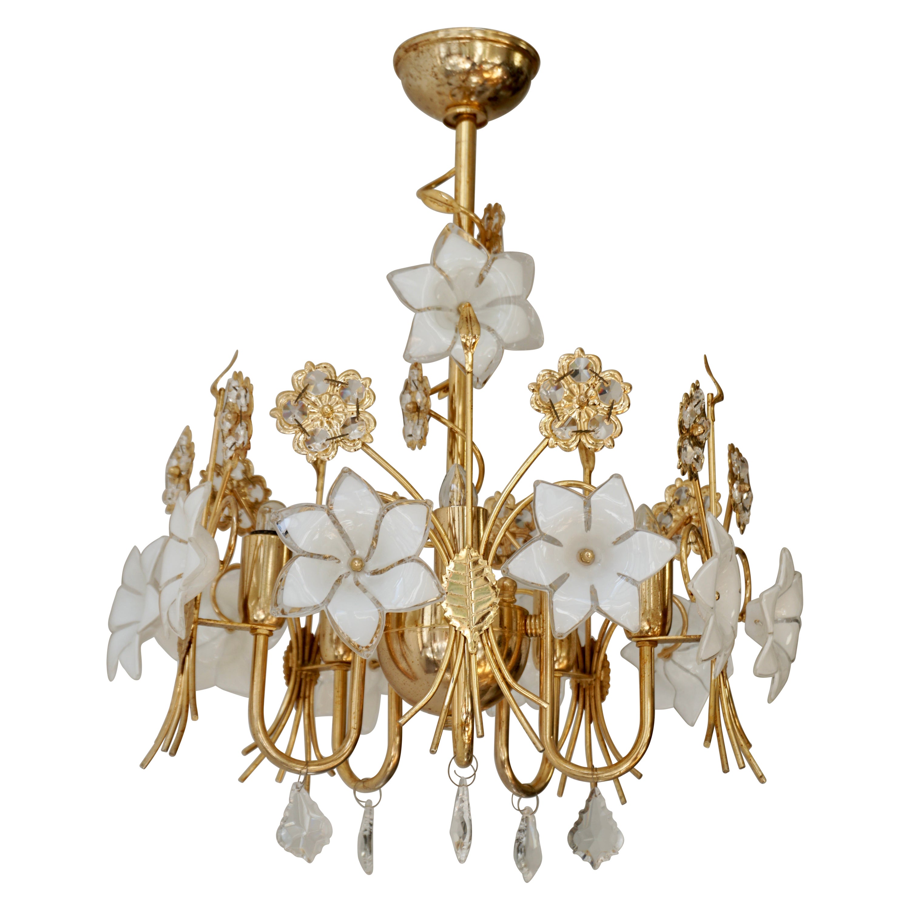 Murano Glass and Crystal Chandelier with White Flowers  For Sale