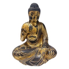 Geschnitzte, vergoldete und lackierte Holzskulptur des sitzenden japanischen Edo-Buddha Amida Nyorai