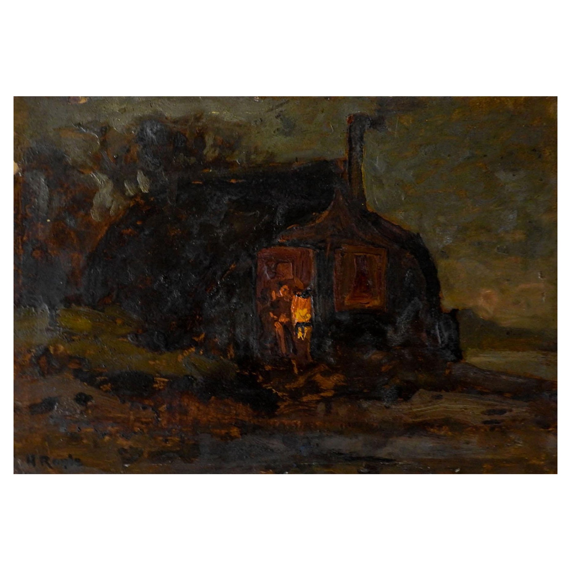 Vintage Early 20th Century Harbert Royle Evening Cottage Painting For Sale