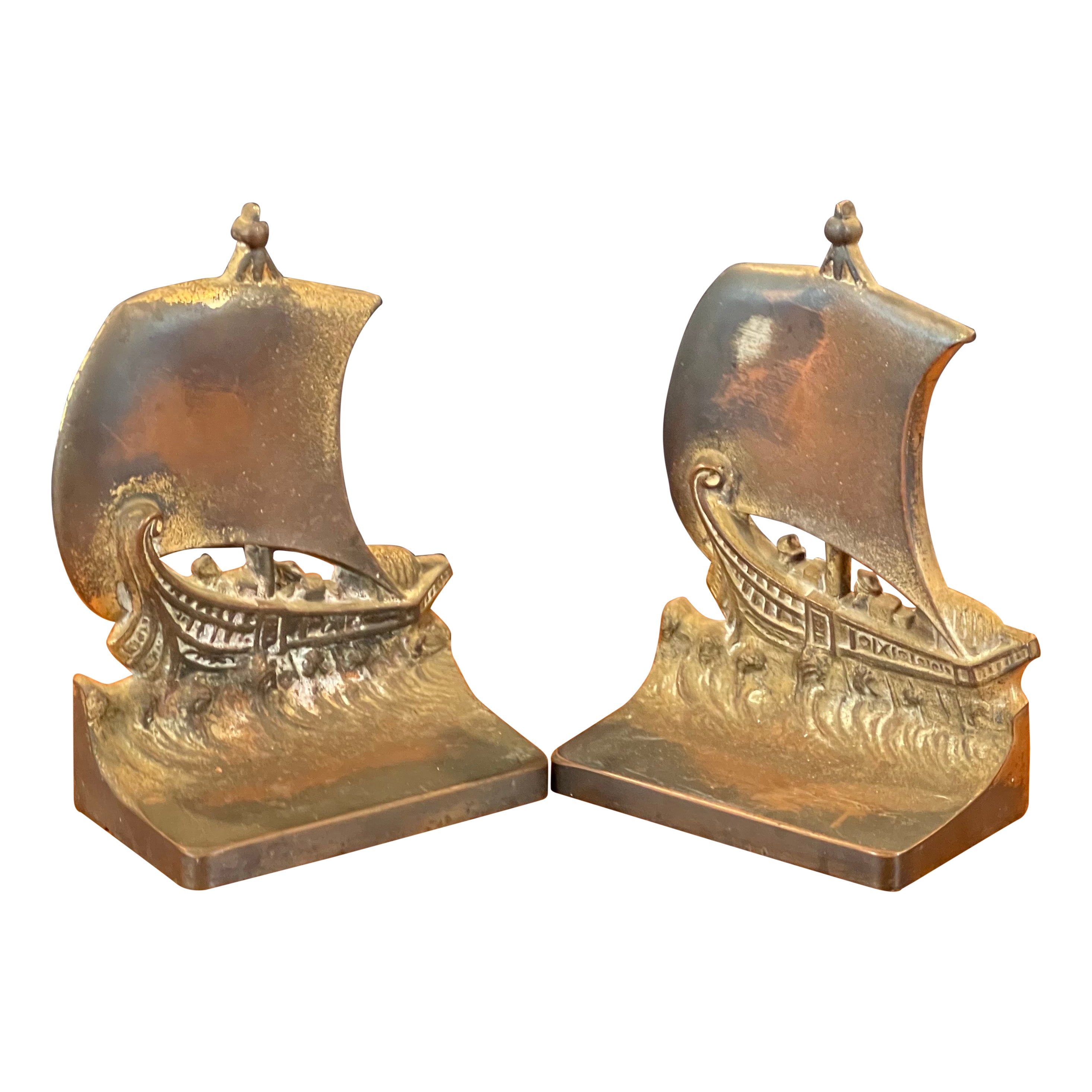 Pair of Bronze Wash "Viking Ship" Bookends by Bradley & Hubbard For Sale