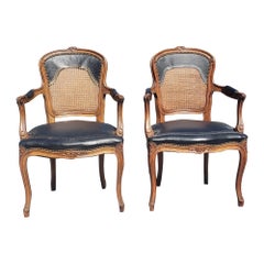 Pair Louis XV Fruitwood Brass Nailed Leather Upholstered Cane Back Armchairs