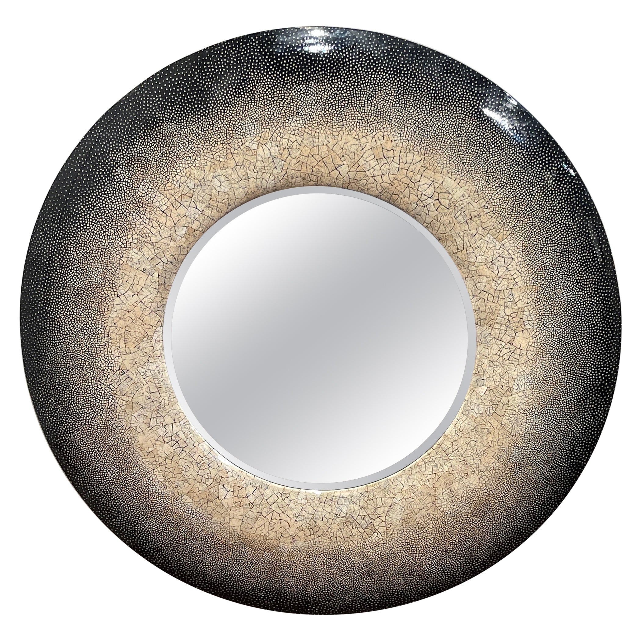 Large French Modern Style Lacquer and Eggshell Round Mirror For Sale