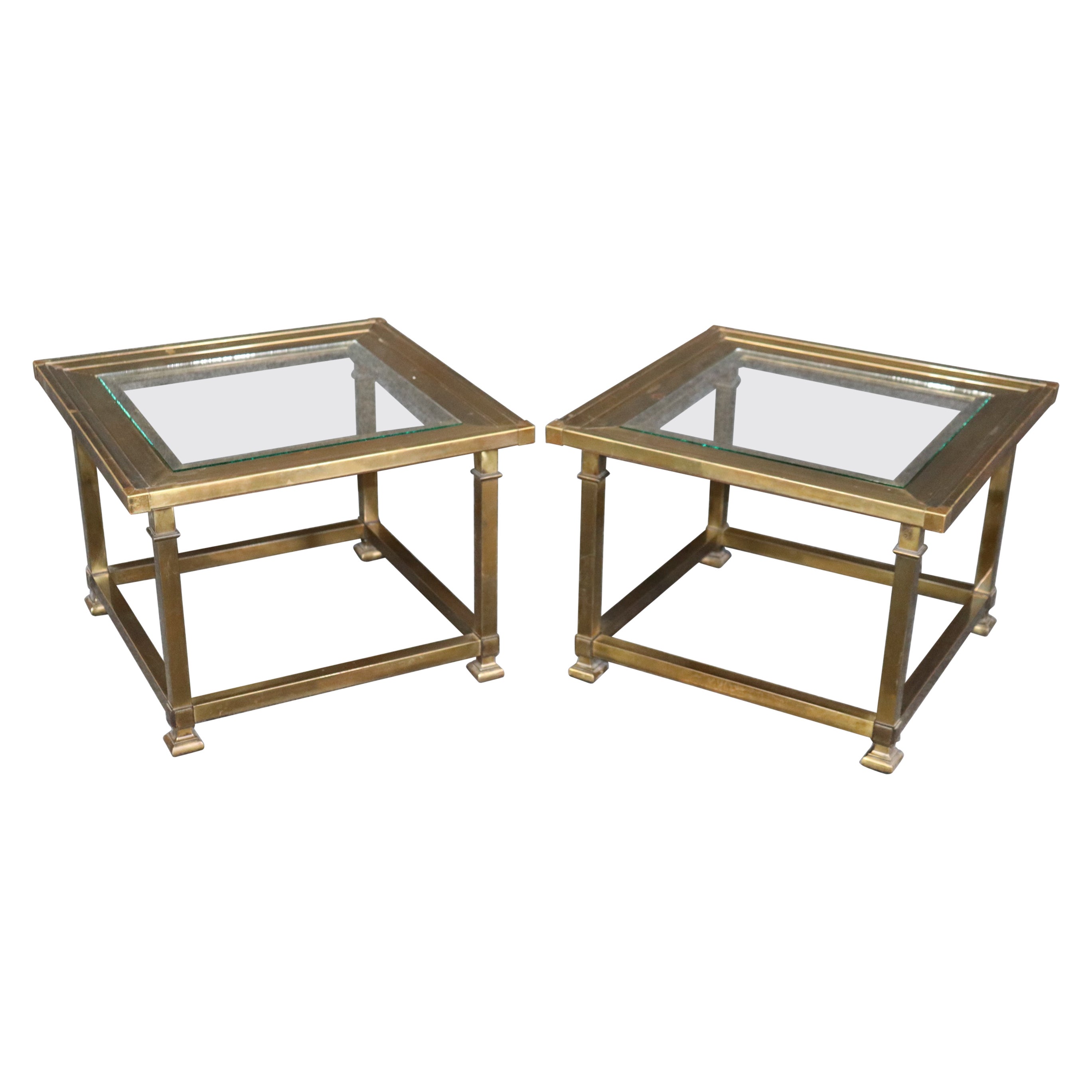 Pair of Square Brass And Glass Top Mastercraft End Tables Side Tables For Sale