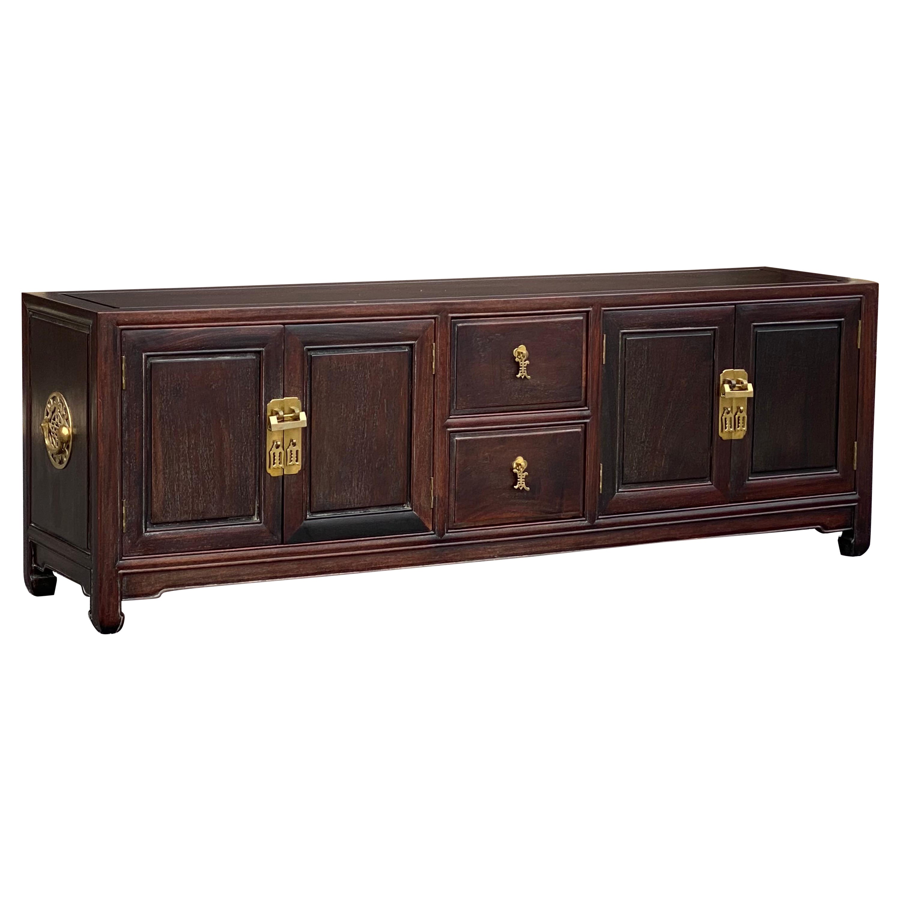 Vintage Asian Modern Ming Solid Rosewood Low Credenza from Hong Kong For Sale