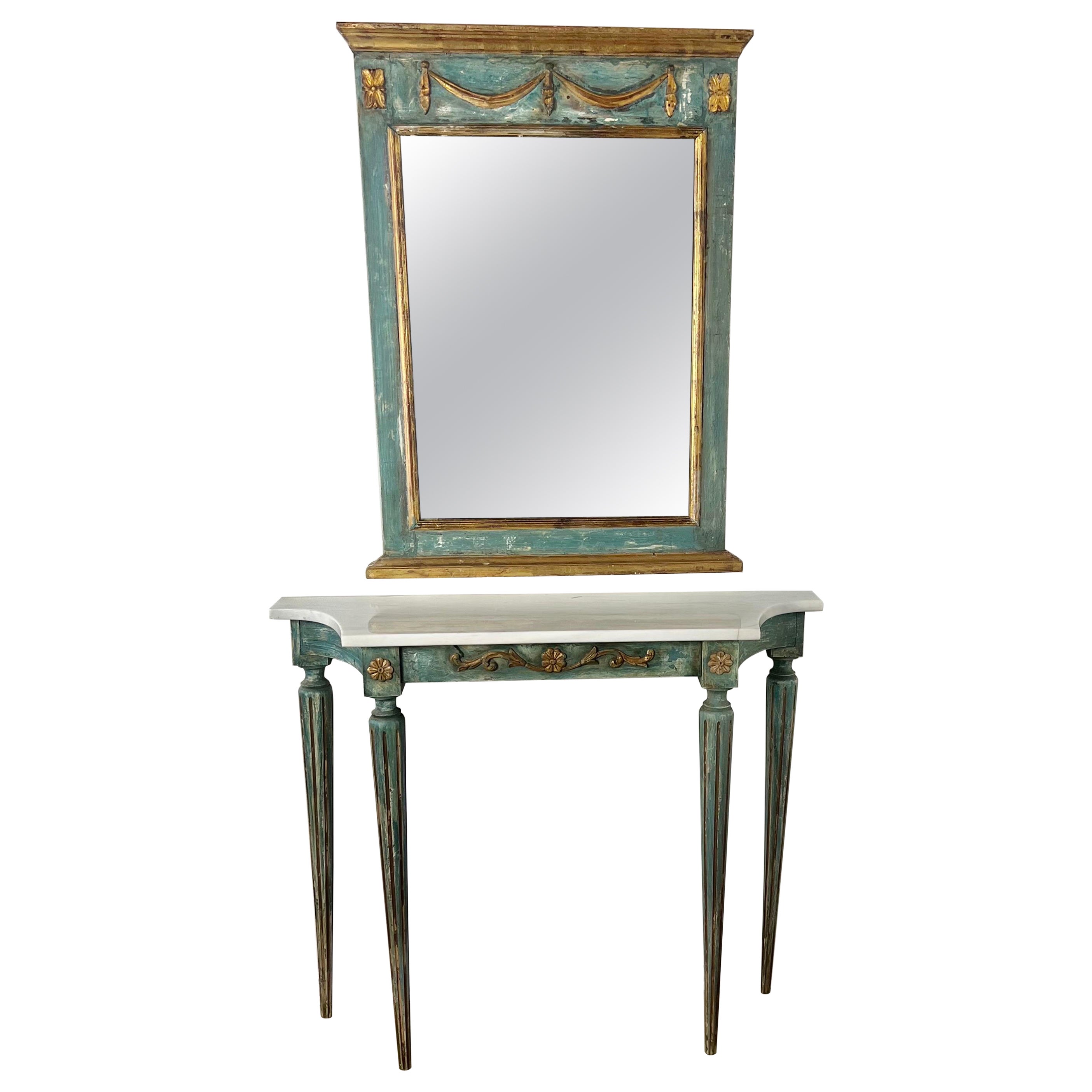 1930s Italian Painted & Parcel Gilt Console and Mirror For Sale