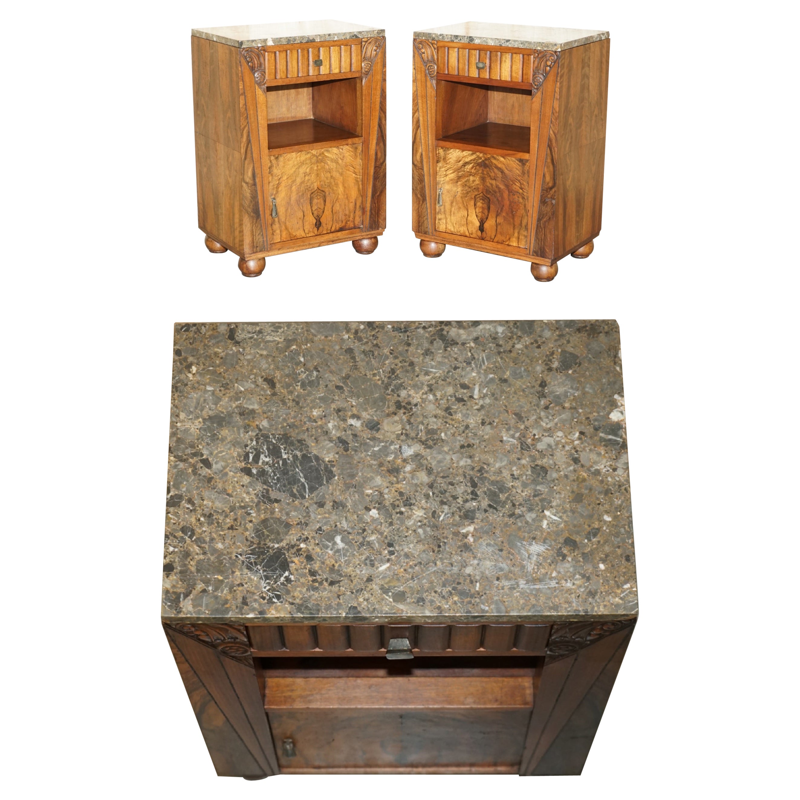 PAIRE D'ART DECO HARDWOOD & MARBLE BEDSIDE NIGHTSTANDS SIDE LAMPLES des années 1920 en vente